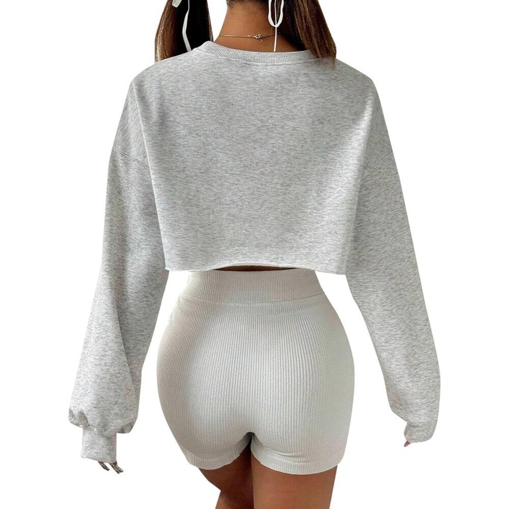 Women's Cropped Sweatshirt Fleece Small Grey Crewneck Drop Shoulder Pullover - Picture 2 of 6